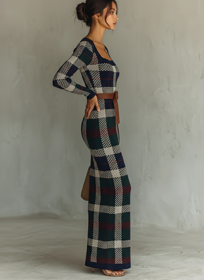 Hazel | Women's Checked Knit Maxi Dress with Belt