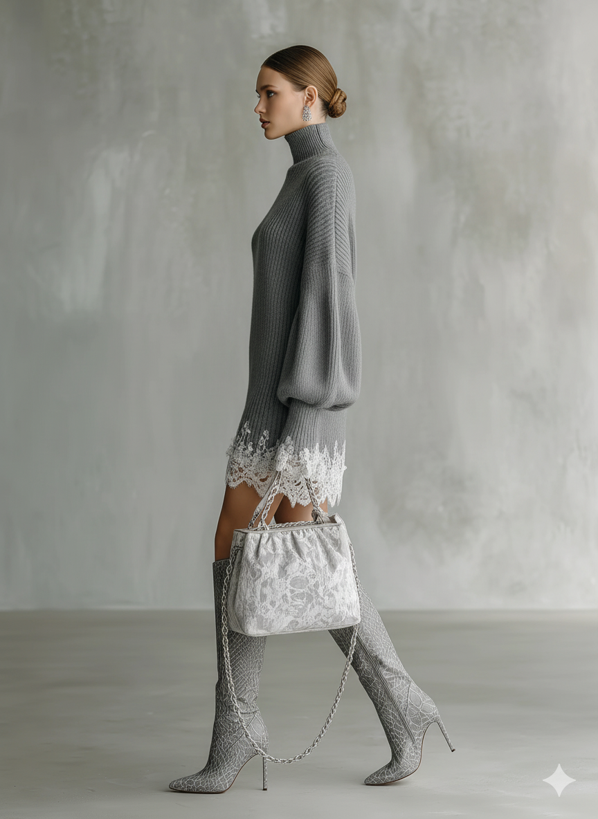 Pearl | Women's Grey Turtleneck Knit Dress with Lace Trim