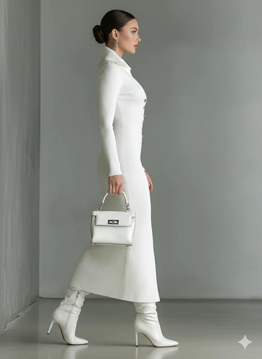 Cleo | Women's White Fitted Knit Dress with Polo Collar