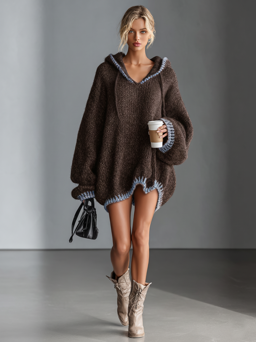 Rosie | Women's Hooded Knit Dress with Pink Trim