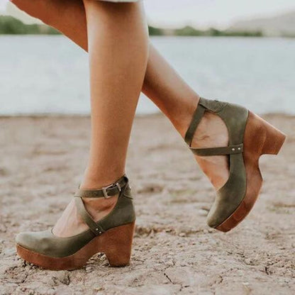 Aspen | Crossover Ankle Strap Wooden Wedge-Heel Hæle