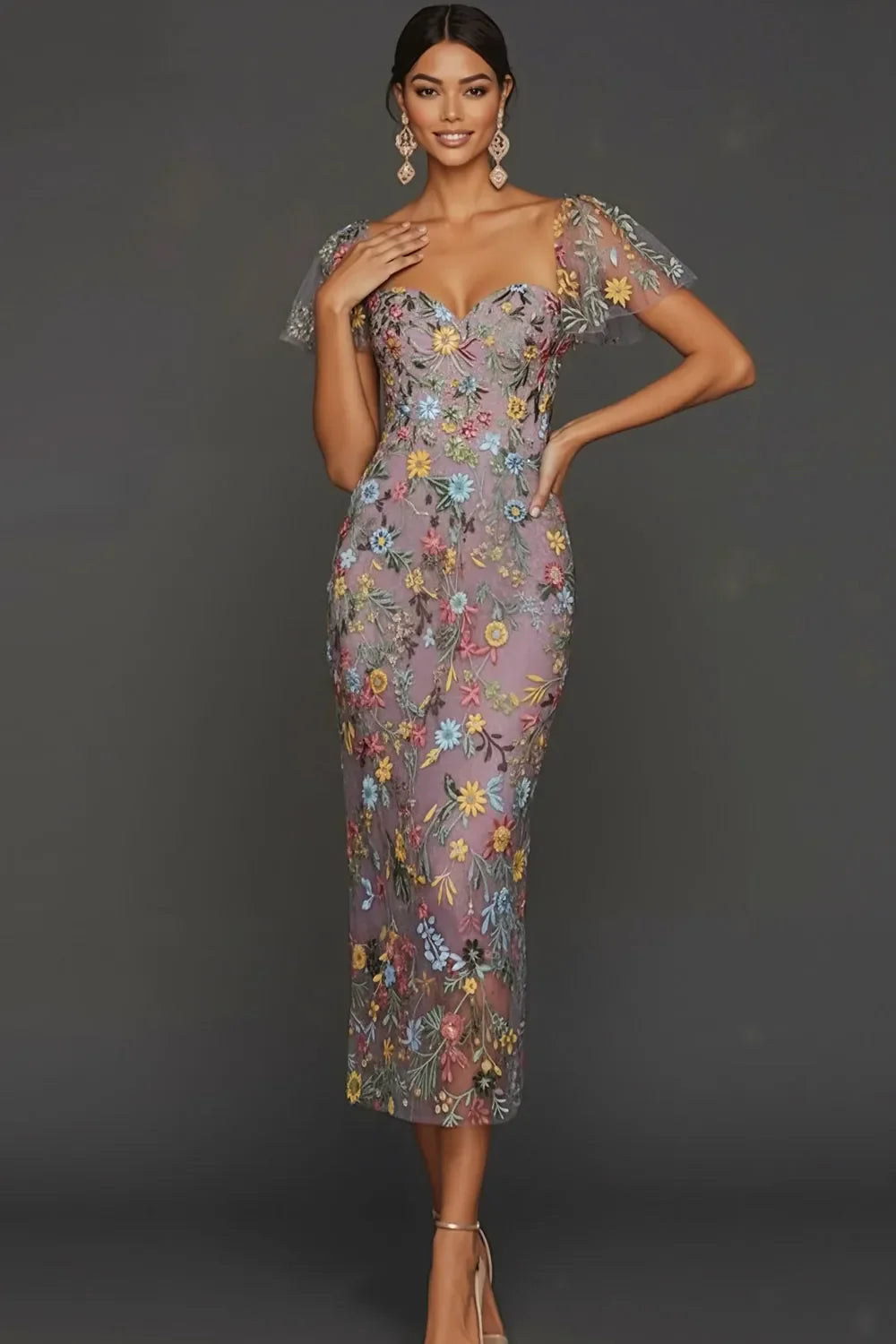 Sally | Botanical Print Embroidered Summer Wedding Guest Midi Dress