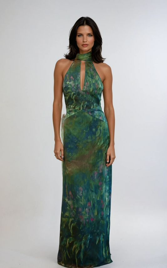 Kayla | Botanical Print Halter Neck Chiffon Evening Maxi Dress