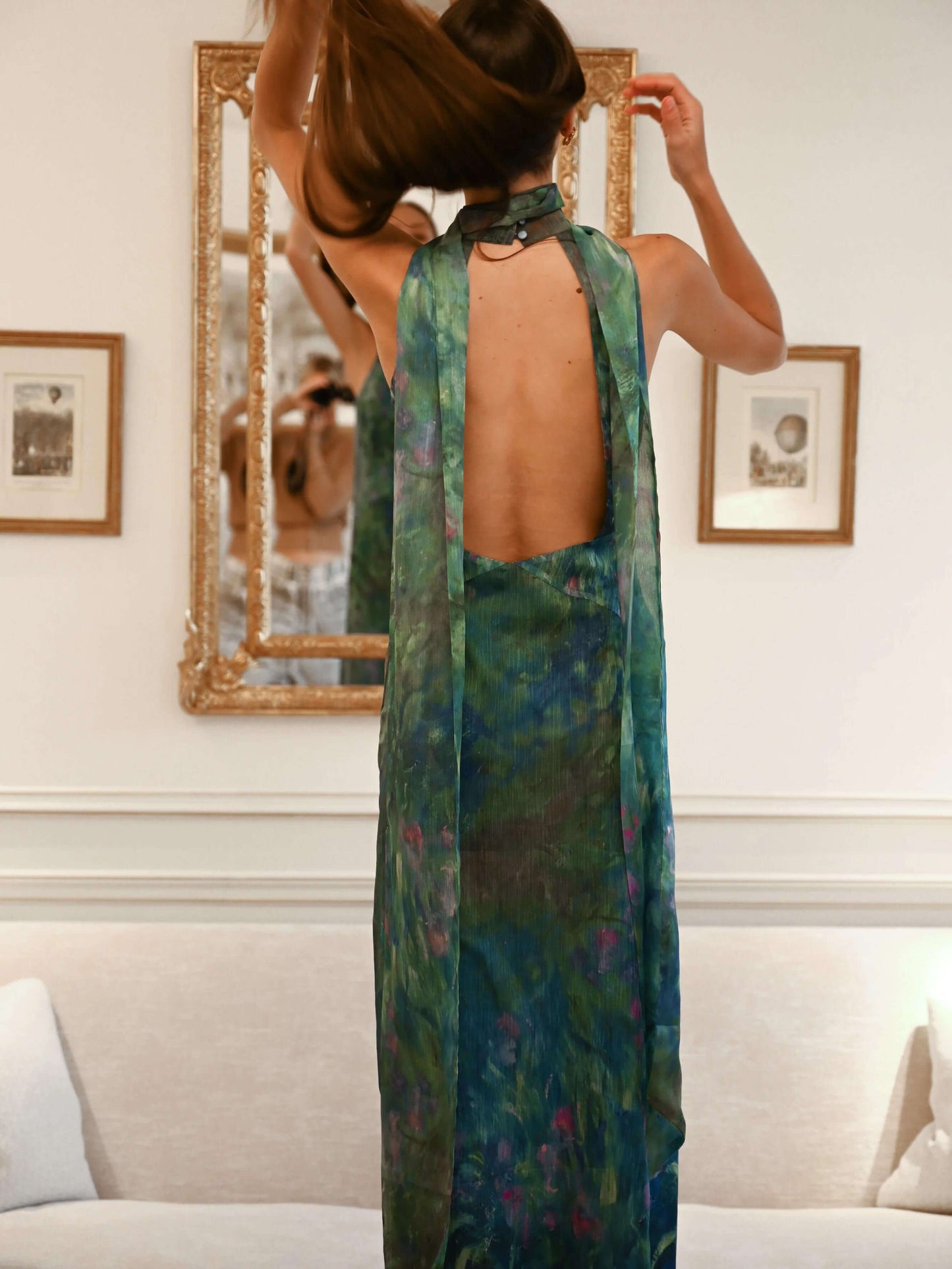 Kayla | Botanical Print Halter Neck Chiffon Evening Maxi Dress
