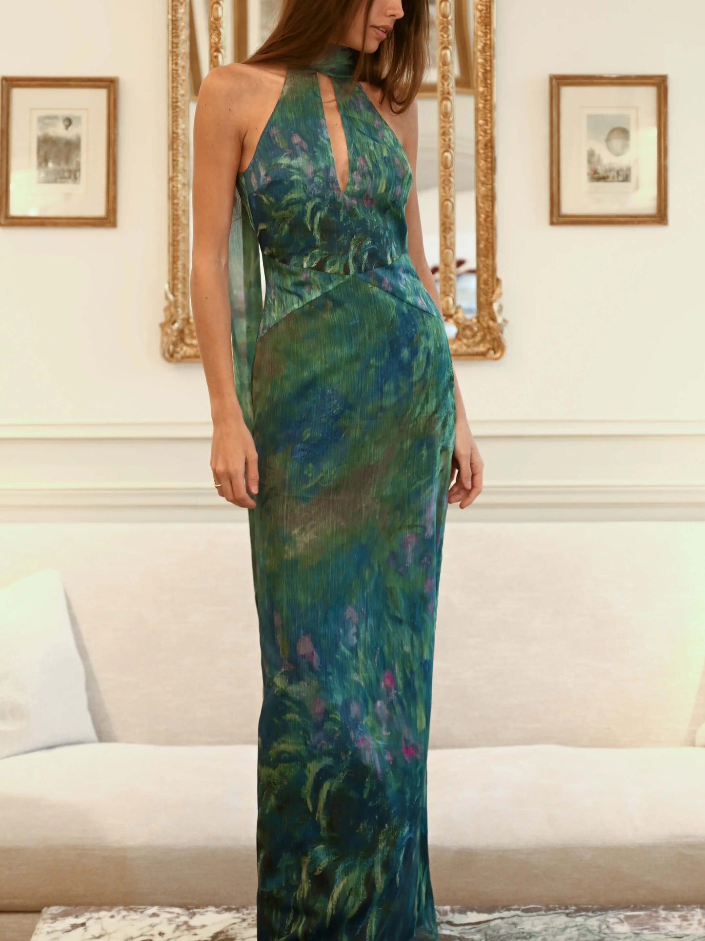 Kayla | Botanical Print Halter Neck Chiffon Evening Maxi Dress