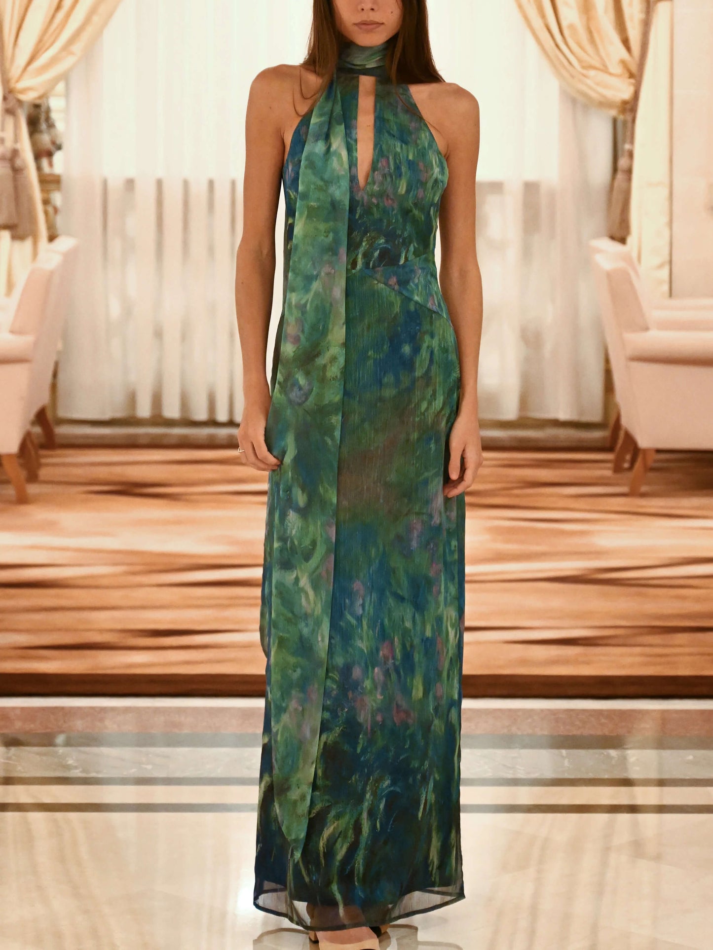 Kayla | Botanical Print Halter Neck Chiffon Evening Maxi Dress