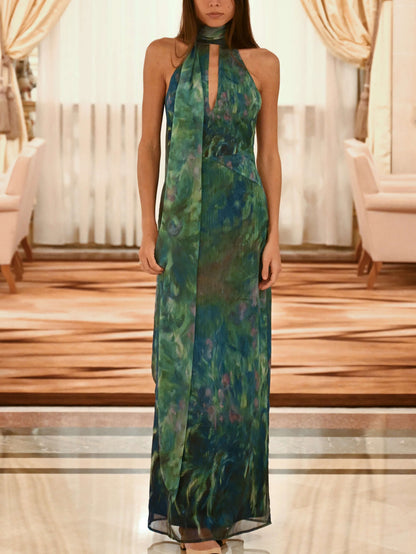 Kayla | Botanical Print Halter Neck Chiffon Evening Maxi Dress
