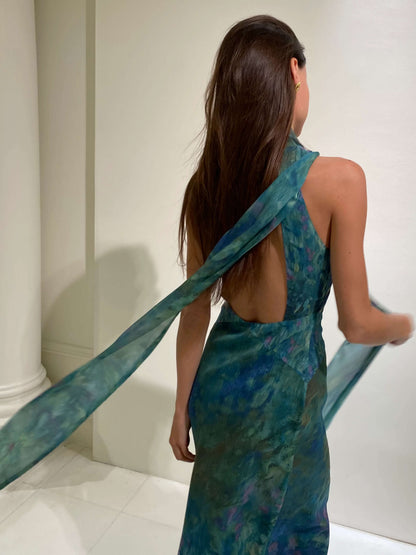 Kayla | Botanical Print Halter Neck Chiffon Evening Maxi Dress