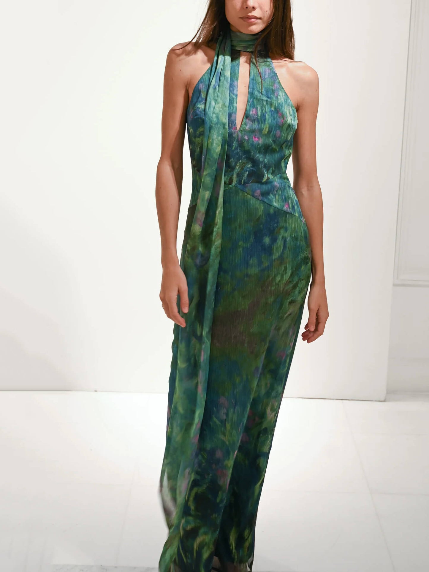 Kayla | Botanical Print Halter Neck Chiffon Evening Maxi Dress