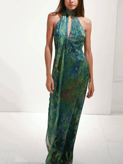 Kayla | Botanical Print Halter Neck Chiffon Evening Maxi Dress