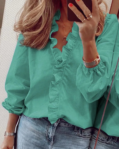 Bria | Tiered Ruffle V Neck Long Sleeve Summer Blouse