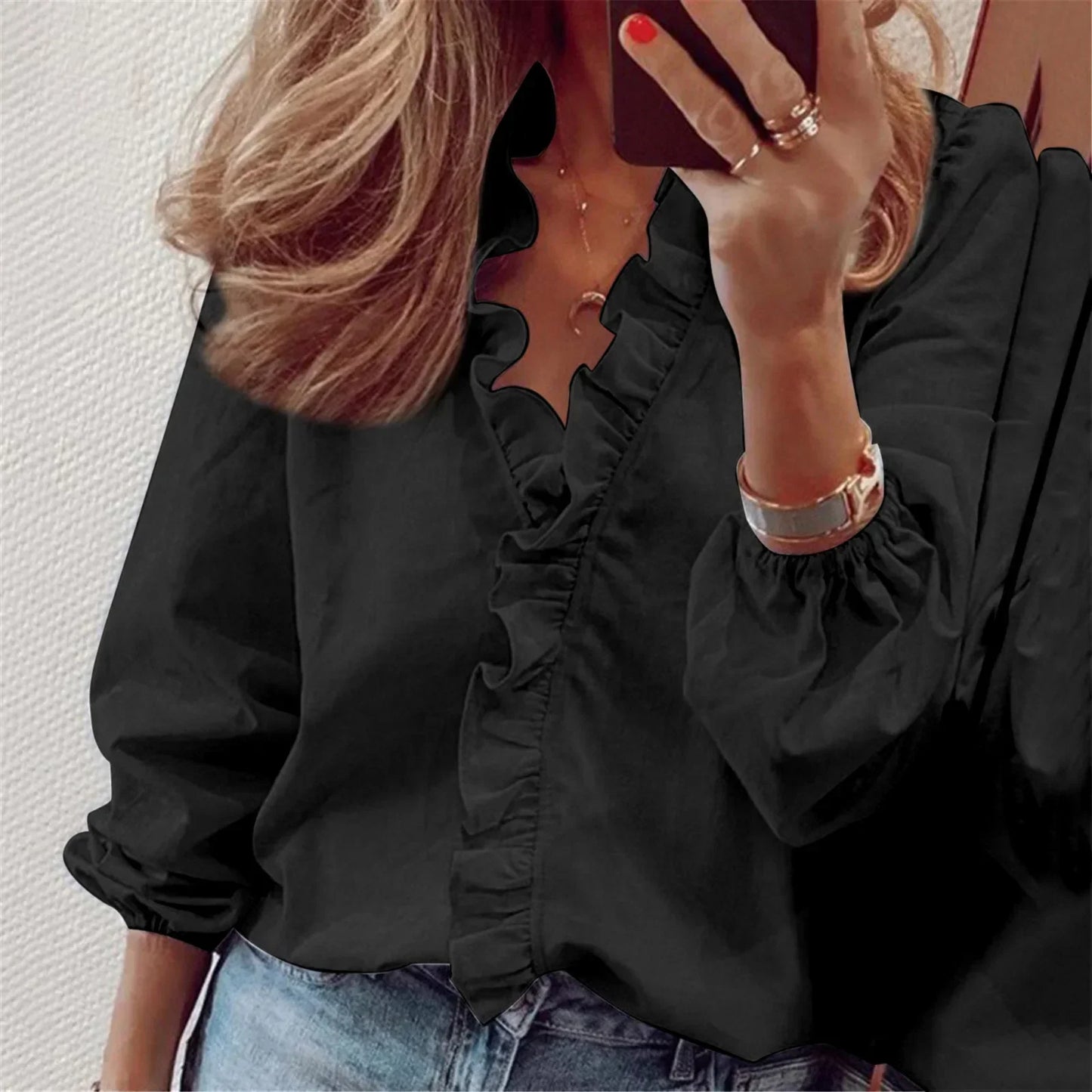 Bria | Tiered Ruffle V Neck Long Sleeve Summer Blouse