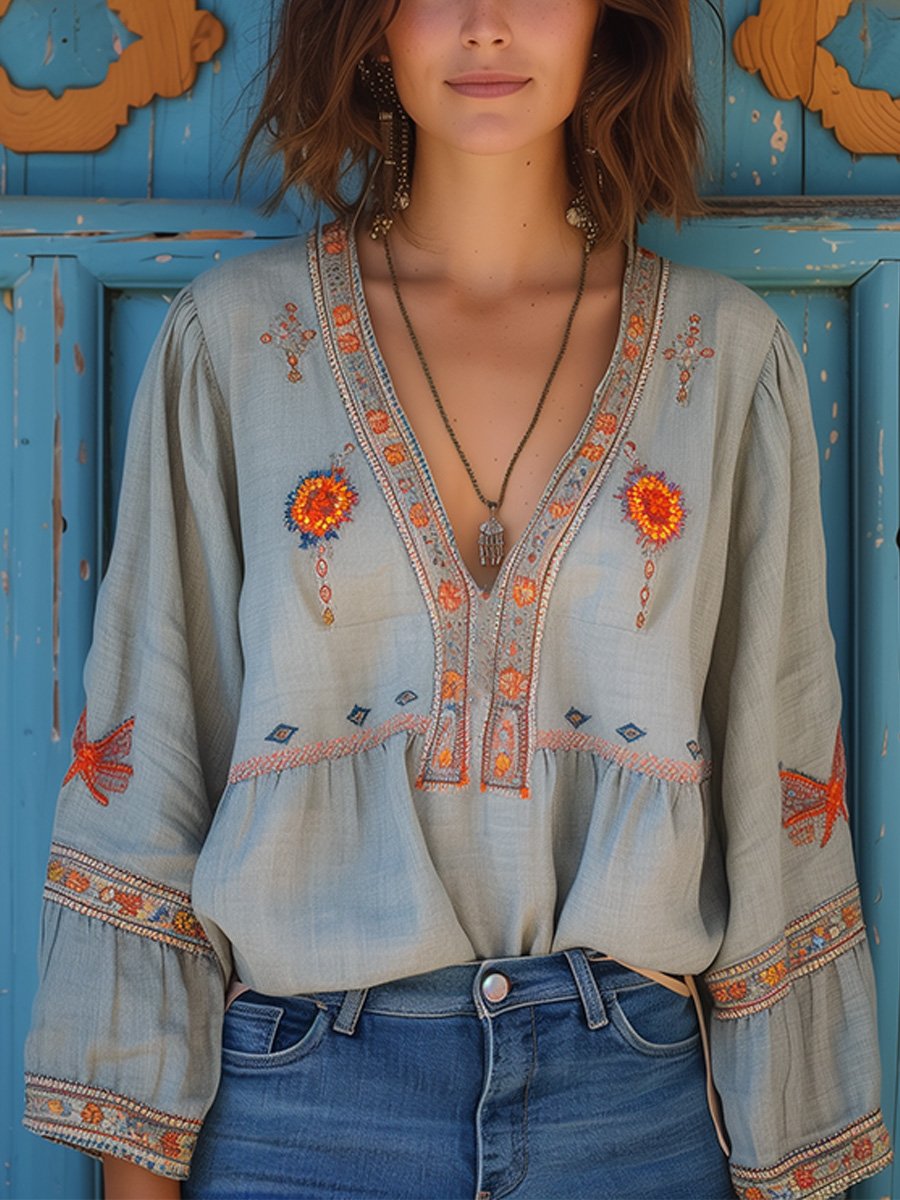 Jocelyn Embroidered V Neck Peasant Blouse