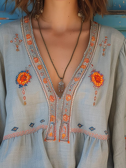 Jocelyn Embroidered V Neck Peasant Blouse