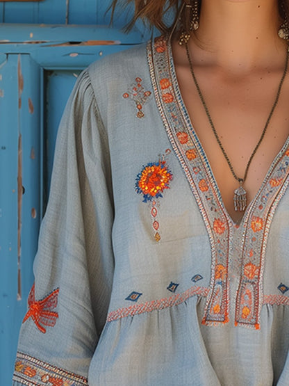 Jocelyn Embroidered V Neck Peasant Blouse