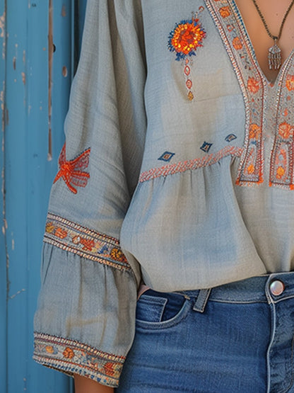 Jocelyn Embroidered V Neck Peasant Blouse