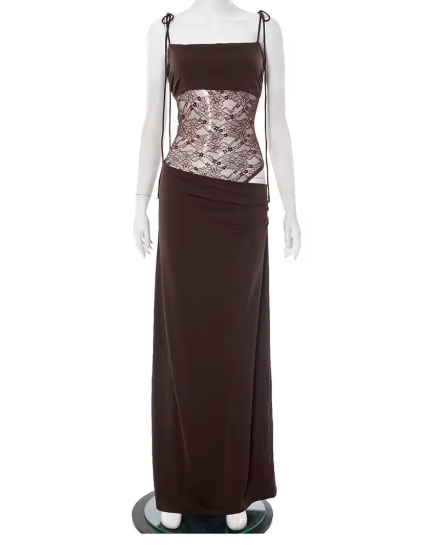 Hope | Lace Panel Tie Strap Figure-Hugging Maxi Dress