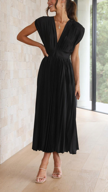 Megan | Women's V Neck Front-Pleated Wedding Guest Midi Dress