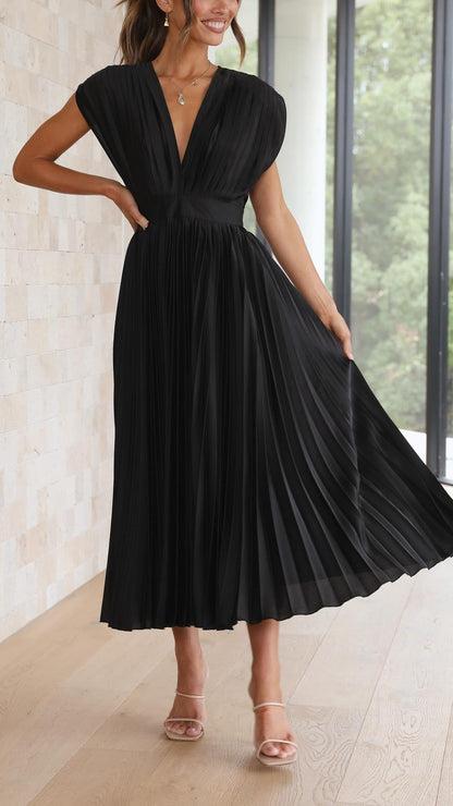 Megan | Women's V Neck Front-Pleated Wedding Guest Midi Dress