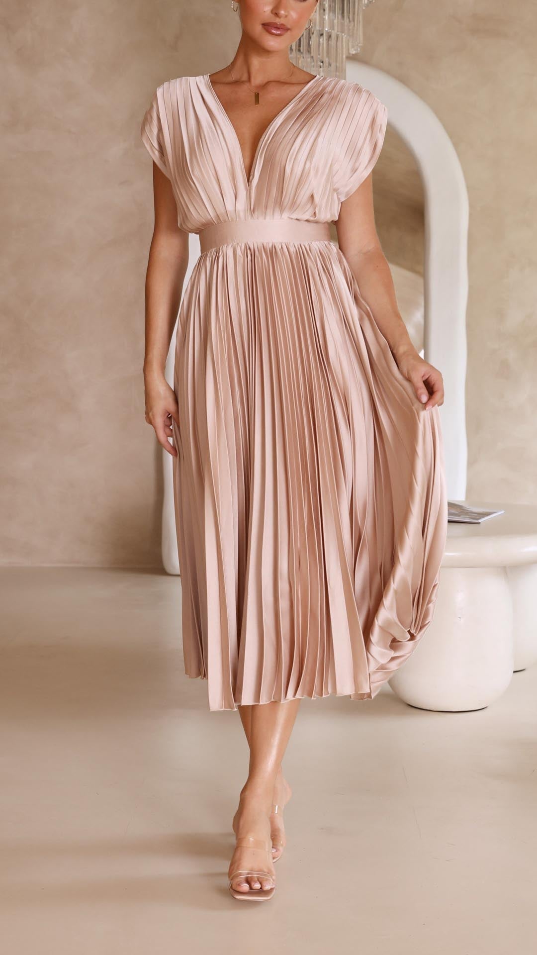 Megan | Women's V Neck Front-Pleated Wedding Guest Midi Dress