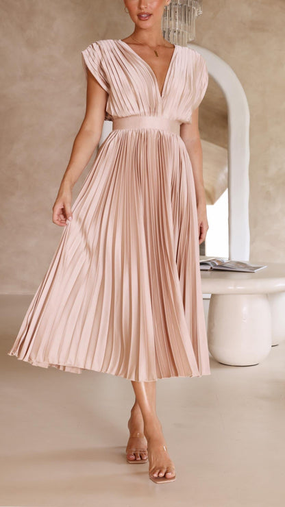 Megan | Women's V Neck Front-Pleated Wedding Guest Midi Dress