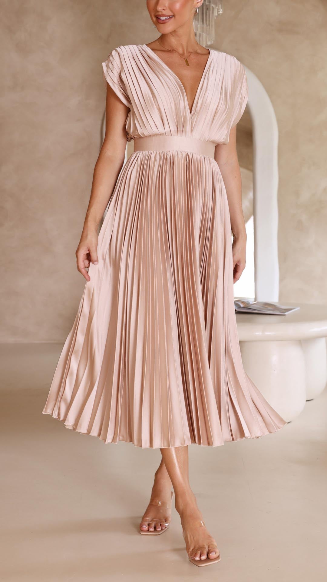 Megan | Women's V Neck Front-Pleated Wedding Guest Midi Dress