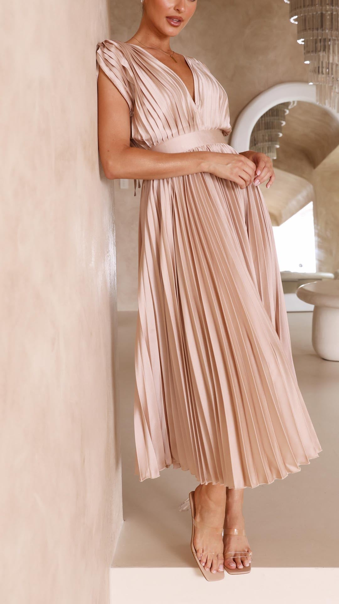 Megan | Women's V Neck Front-Pleated Wedding Guest Midi Dress