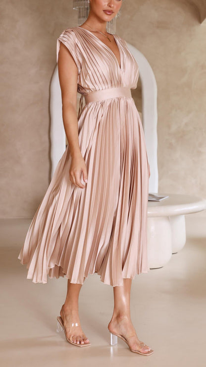Megan | Women's V Neck Front-Pleated Wedding Guest Midi Dress