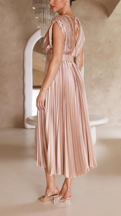 Megan | Women's V Neck Front-Pleated Wedding Guest Midi Dress
