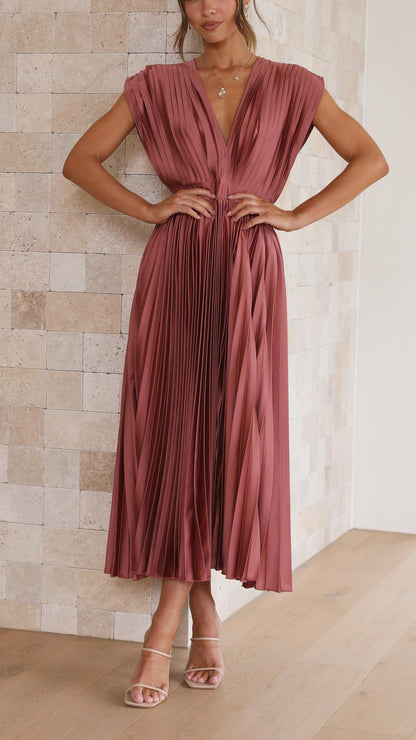 Megan | Women's V Neck Front-Pleated Wedding Guest Midi Dress