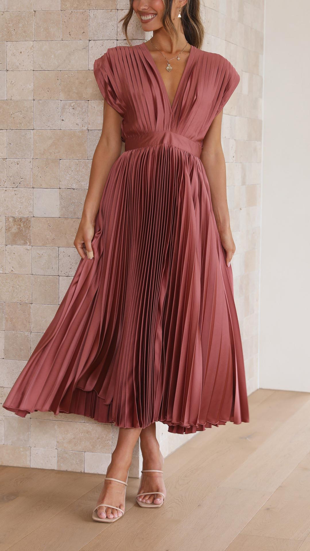 Megan | Women's V Neck Front-Pleated Wedding Guest Midi Dress