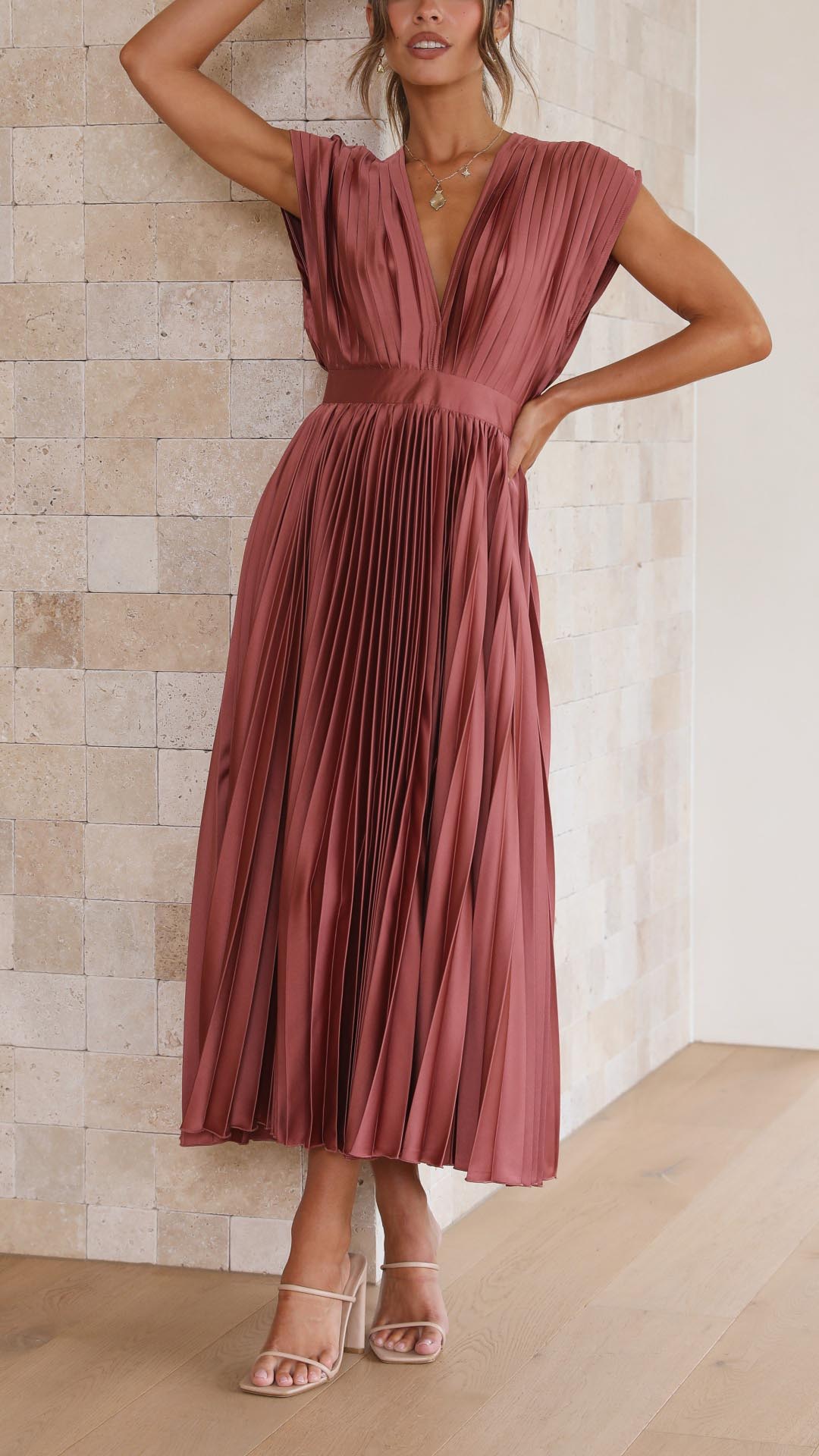 Megan | Women's V Neck Front-Pleated Wedding Guest Midi Dress