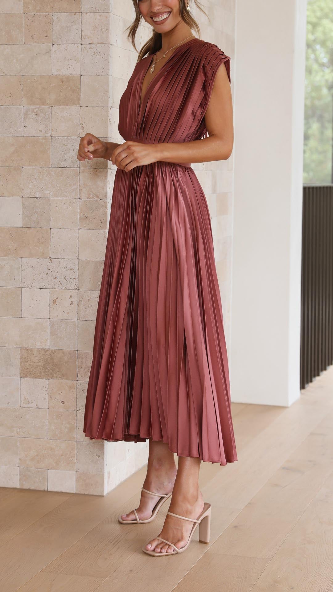 Megan | Women's V Neck Front-Pleated Wedding Guest Midi Dress