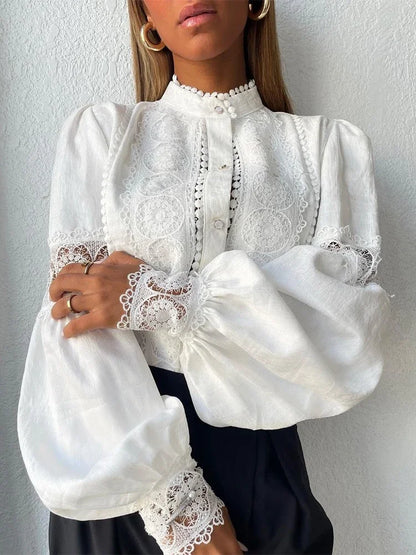 Abby | Lace-Trim Puff Sleeve Button Up Bluse