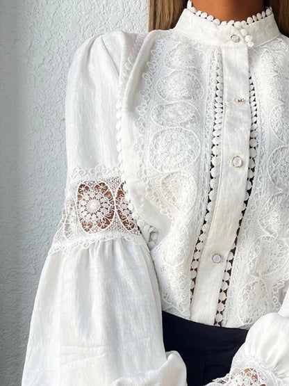 Abby | Lace-Trim Puff Sleeve Button Up Bluse