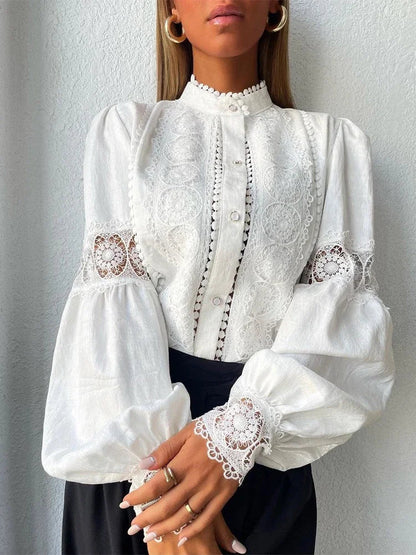 Abby | Lace-Trim Puff Sleeve Button Up Bluse