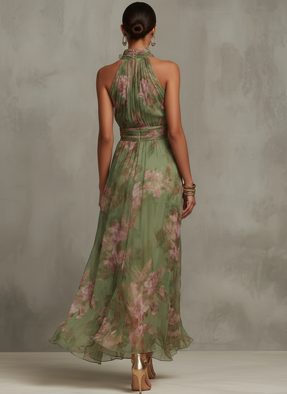 Vanessa | Botanical Print Halter Chiffon Wedding Guest Maxi Dress