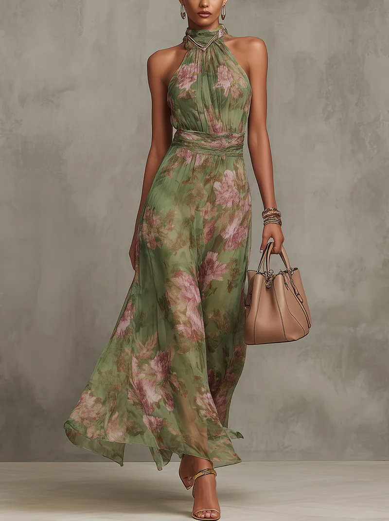 Vanessa | Botanical Print Halter Chiffon Wedding Guest Maxi Dress