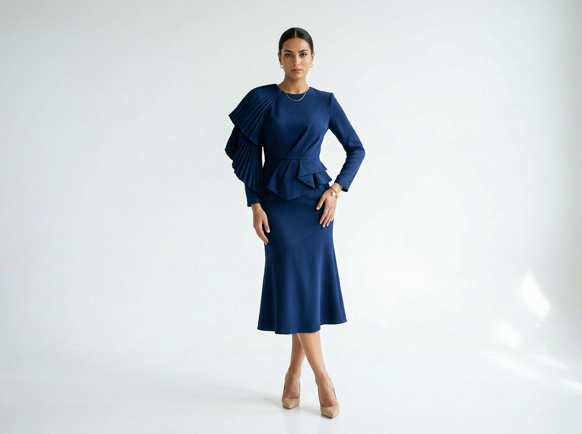 Maggie | Evening Front-Pleated Ruffle Midi Dress