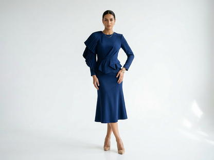 Maggie | Evening Front-Pleated Ruffle Midi Dress