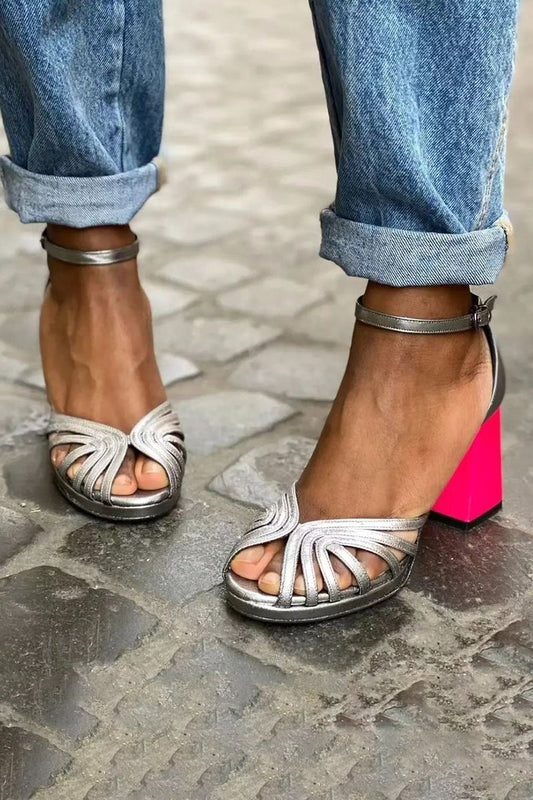 Alana | Shiny Metallic Ankle-Strap Block Heels