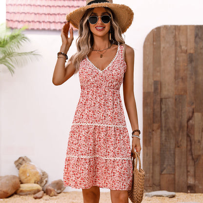 Blossom | Blomstret Print V-Hals Patchwork Sommerkjole til Kvinder