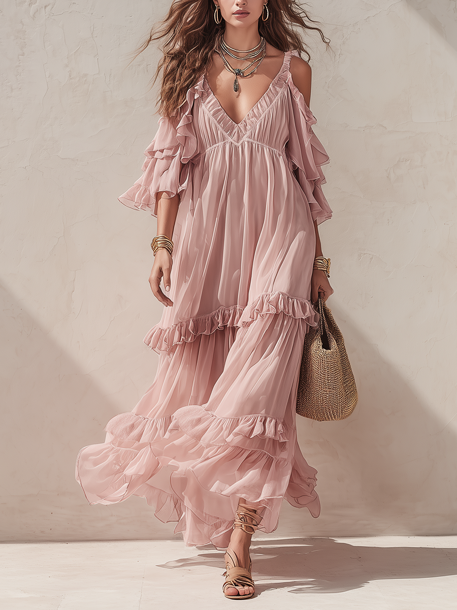 Blush | Tieret Ruffle Boho Sommermaxikjole til Kvinder