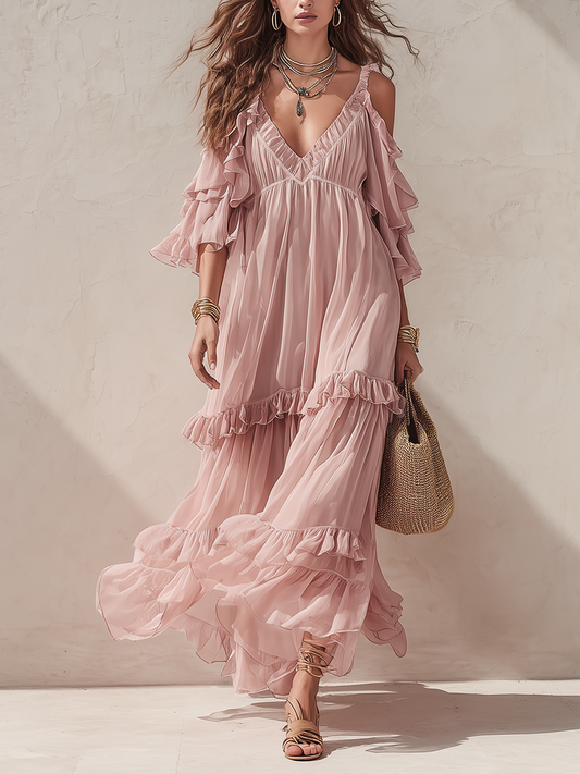 Blush | Tieret Ruffle Boho Sommermaxikjole til Kvinder