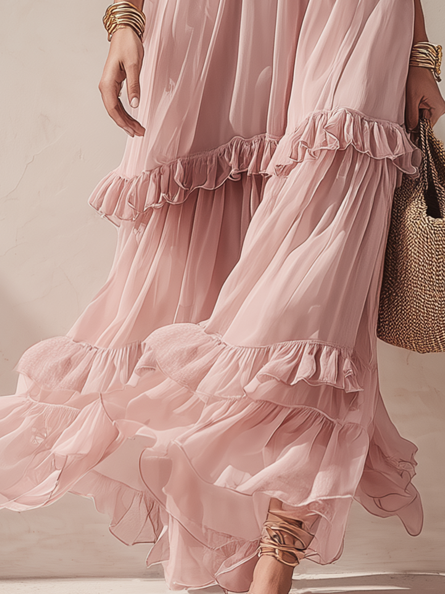 Blush | Tieret Ruffle Boho Sommermaxikjole til Kvinder