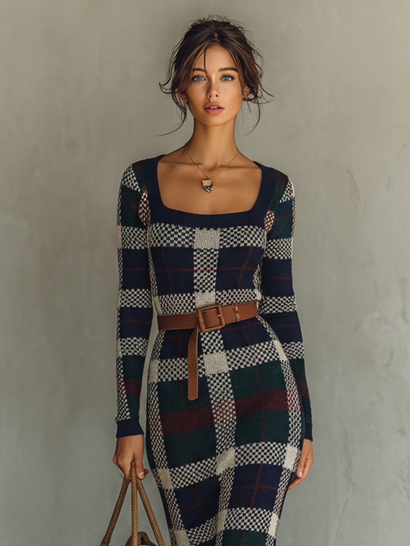 Hazel | Women's Checked Knit Maxi Dress with Belt