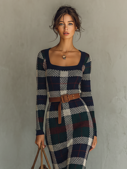 Hazel | Women's Checked Knit Maxi Dress with Belt