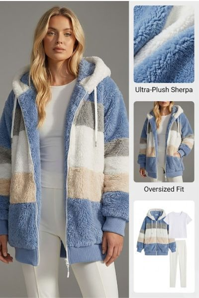 En Oversized Teddyfrakke med Hætte og Imiteret Pels