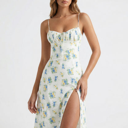 Sera | Floral Ruched Lace-Up Midi Slip Dress
