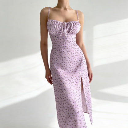Sera | Floral Ruched Lace-Up Midi Slip Dress